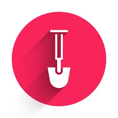 Beyaz Kürek ikonu uzun gölgeli izole edilmiş. Bahçe aletleri. Bahçecilik, tarım, çiftçilik aleti. Kırmızı daire düğmesi. Vektör.