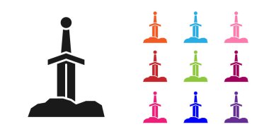 Beyaz arka planda izole edilmiş taş ikonundaki siyah kılıç. Taştaki kılıç Excalibur, Arthur efsanelerinden. Simgeleri renklendirin. Vektör.