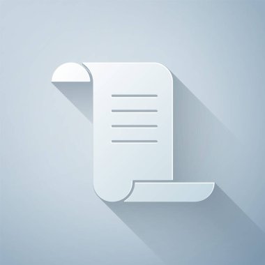 Kağıt, gri arka planda izole edilmiş Eskiler 'in sihirli kitabını simya tarifleri, mistik büyüler ve büyü simgesi ile kesiyor. Kağıt sanatı tarzı. Vektör.