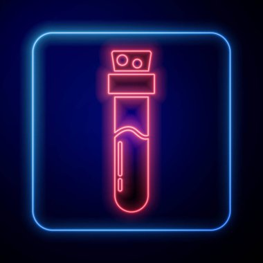 Mavi zemin üzerinde iksir ikonu olan parlak neon şişe. Sihirli iksirli matara. Mutlu Cadılar Bayramı Partisi. Vektör.