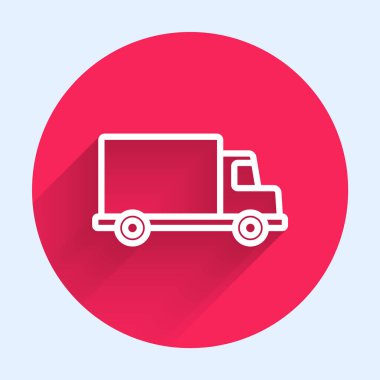 Beyaz çizgi kargo kamyonu ikonu uzun gölgeli izole edildi. Kırmızı daire düğmesi. Vektör İllüstrasyonu.