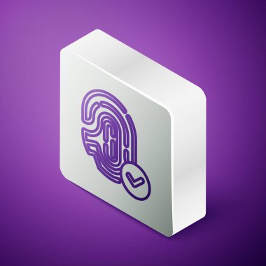 Mor arkaplanda izole edilmiş işaret simgesi olan Isometric çizgi parmak izi. Kimlik uygulaması simgesi. Kimlik işareti. Kimliğe dokun. Gümüş kare düğme. Vektör.