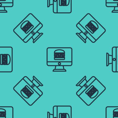 Siyah Hat Çevrimiçi sipariş ve fast food dağıtım ikonu yeşil arka planda izole edilmiş kusursuz desen. Vektör.