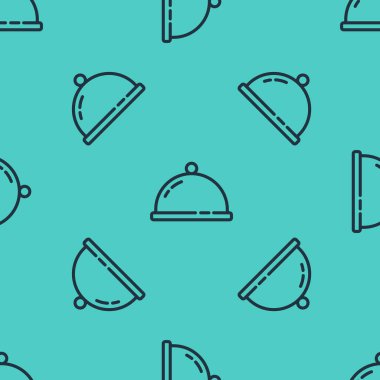 Yeşil arka planda izole edilmiş bir tepsi yiyecek ikonu ile kaplı siyah çizgi. Tepsi ve kapak işareti. Kapaklı bir restoran saati. Vektör.