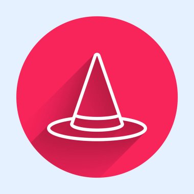 Beyaz çizgi cadı şapkası ikonu uzun gölgeli izole edilmiş. Mutlu Cadılar Bayramı Partisi. Kırmızı daire düğmesi. Vektör.