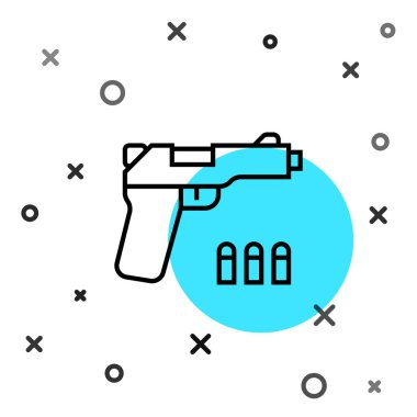 Siyah çizgi tabanca ya da silah ikonu beyaz arkaplanda izole edilmiş. Polis ya da askeri silah. Küçük ateşli silah. Rastgele dinamik şekiller. Vektör.