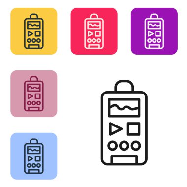 Siyah çizgi diktafon simgesi beyaz arkaplanda izole edildi. Ses kaydedici. Renkli kare düğmelerle simgeleri ayarla. Vektör.