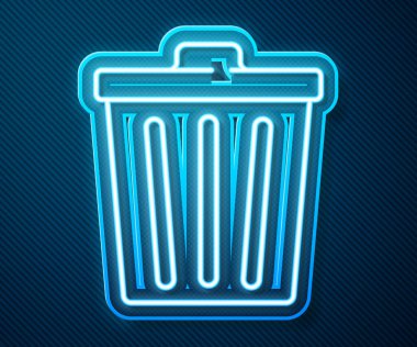 Parlayan neon hattı Çöp kutusu simgesi mavi arkaplanda izole edildi. Çöp kutusu tabelası. Sepet simgesini geri dönüştür. Ofis çöpü ikonu. Vektör.