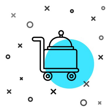 Beyaz arka planda izole edilmiş bir tepsi yiyecek ikonu ile kaplanmış siyah çizgi. Tepsi ve kapak işareti. Kapaklı bir restoran saati. Rastgele dinamik şekiller. Vektör.