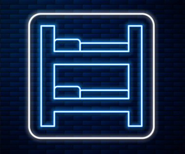 Parlayan neon hattı otel odası ikonu tuğla duvar arka planında izole edilmiş. Vektör.