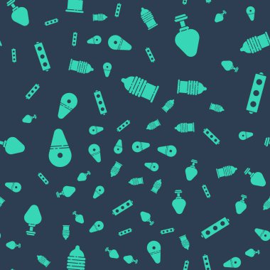 Set Condom safe sex, Anal plug, Dildo vibrator and Silicone ball gag with belt on seamless pattern. Vector.