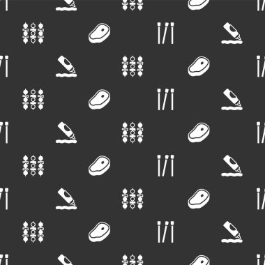 Kibrit, ketçap şişesi, ızgara şiş kebap ve biftekli et. Vektör.