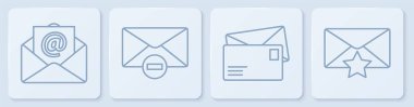 Satır satırı E- posta, Zarf, Zarf ve Zarfı Yıldız ile Sil. Beyaz kare düğme. Vektör.