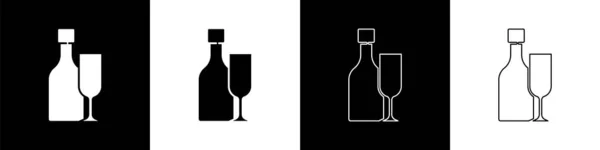 Set Bouteille Vin Avec Icône Verre Isolé Sur Fond Noir — Image vectorielle