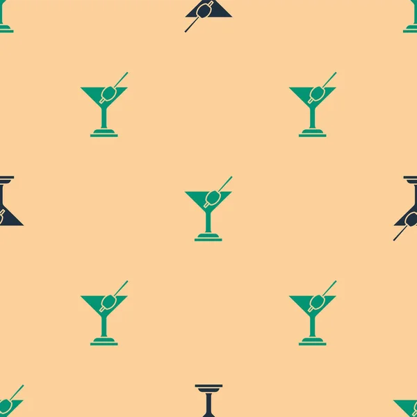Green Black Martini Glass Icon Isolated Seamless Pattern Beige Background — Stock Vector