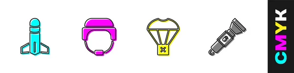 Set Rocket Casque Militaire Boîte Volant Parachute Icône Lampe Poche — Image vectorielle