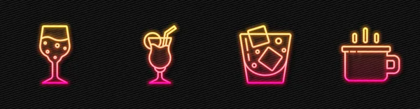Set Glas Whisky Champagne Cocktail Koffiebeker Een Gloeiend Neon Icoon — Stockvector