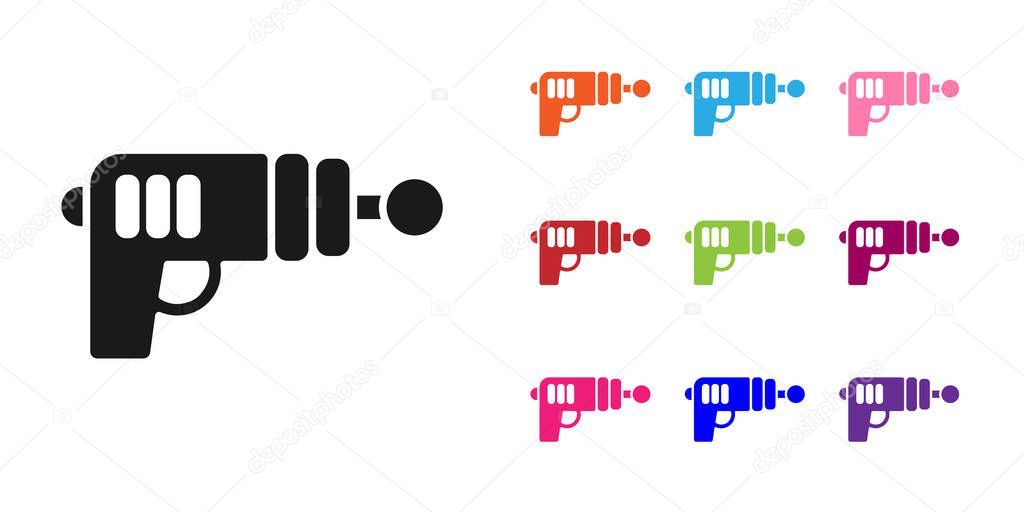 Black Ray gun icon isolated on white background. Laser weapon. Space blaster. Set icons colorful. Vector.