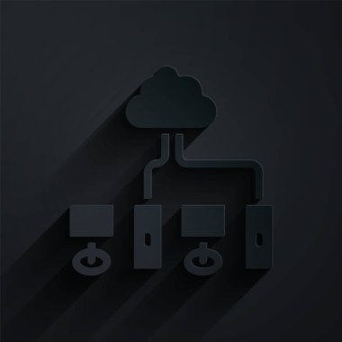 Kağıt kesme Bilgisayar ağı simgesi siyah arkaplanda izole edildi. Laptop ağı. İnternet bağlantısı. Kağıt sanatı tarzı. Vektör