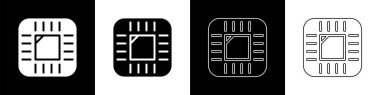 Bilgisayar işlemcisini siyah ve beyaz arkaplanda izole edilmiş mikro devre işlemci simgesi ile ayarla. Devre kartlı çip ya da işlemci. Mikro işlemci. Vektör