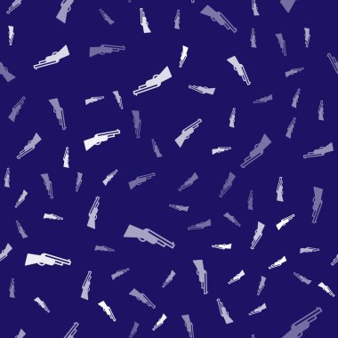 Beyaz Avcı silahı ikonu mavi arka planda izole edilmiş kusursuz desen. Av tüfeği. Vektör.