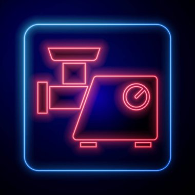 Parlayan neon mutfak et öğütücüsü simgesi mavi arka planda izole edildi. Vektör.