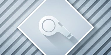 Kağıt kesiği. Gri arkaplanda Whistle simgesi izole edildi. Hakem sembolü. Spor ve spor burcu. Kağıt sanatı tarzı. Vektör.