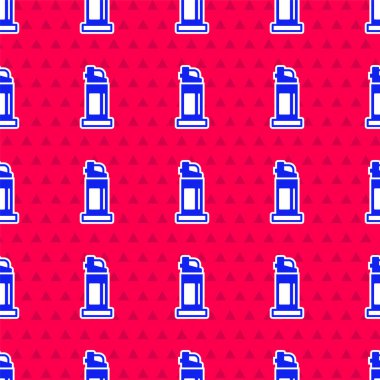 Kırmızı arka planda mavi biber gazı ikonu izole edilmiş, pürüzsüz desen. OC gazı. Capsicum nefsi müdafaa spreyi. Vektör.