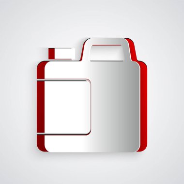 Kağıt kesiği Plastik şişe çamaşır deterjanı, çamaşır suyu, bulaşık deterjanı ya da gri arka planda izole edilmiş başka bir temizlik maddesi. Kağıt sanatı tarzı. Vektör.