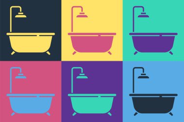 Arka planda duş ikonu olan Pop Art Banyo Küveti. Vektör.