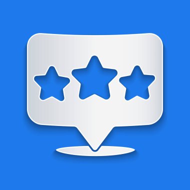 Kağıt kesiği Beş yıldızlı müşteri değerlendirme simgesi mavi arka planda izole edildi. Favori, en iyi derecelendirme, ödül sembolü. Kağıt sanatı tarzı. Vektör.