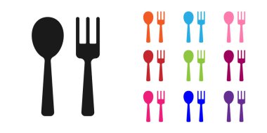 Siyah çatal ve kaşık ikonu beyaz arka planda izole edilmiş. Mutfak aletleri. Çatal bıçak seti. Simgeleri renklendirin. Vektör.