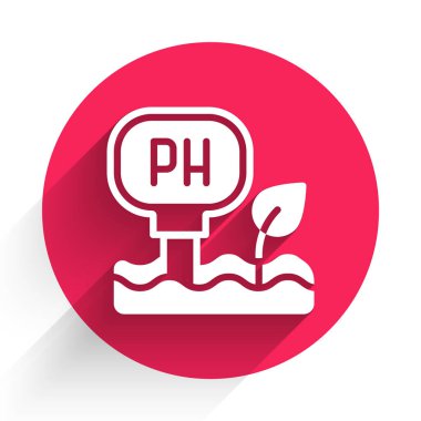 Beyaz toprak ph test simgesi uzun gölgeli izole edildi. PH yeryüzü testi. Kırmızı daire düğmesi. Vektör.