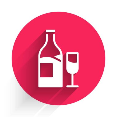 Uzun gölgeli cam ikonlu beyaz şarap şişesi. Kırmızı daire düğmesi. Vektör.