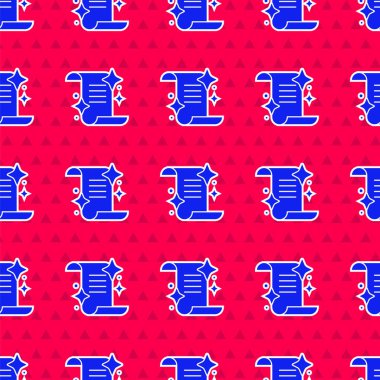 Üzerinde simya tarifleri, mistik büyüler ve büyü simgeleri olan Mavi Kadim büyü kitabı kırmızı arka planda izole edilmiş kusursuz desen. Vektör.