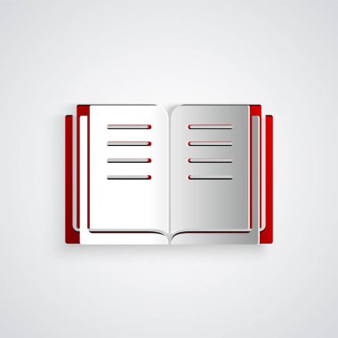 Kağıt, gri arka planda izole edilmiş Eskiler 'in sihirli kitabını simya tarifleri, mistik büyüler ve büyü simgesi ile kesiyor. Kağıt sanatı tarzı. Vektör.