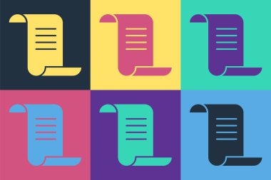 Simya tarifleri, mistik büyüler ve renkli arka planda izole edilmiş büyü simgeleriyle pop sanatı Kadim büyü kitabı. Vektör.