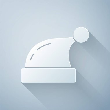 Kağıt kesiği Noel Baba şapkası ikonu gri arka planda izole edilmiş. Mutlu Noeller ve mutlu yıllar. Kağıt sanatı tarzı. Vektör.