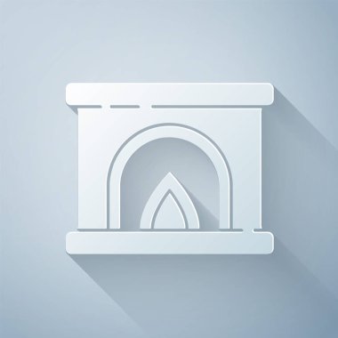 Kağıt kesiği, gri arka planda izole edilmiş şömine ikonu. Kağıt sanatı tarzı. Vektör.