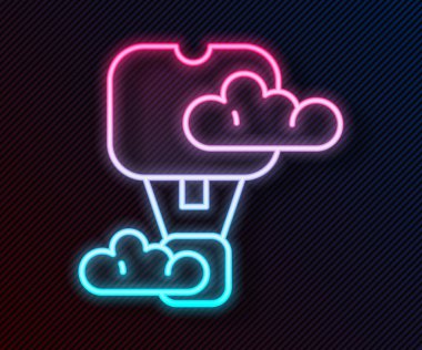 Parlayan neon hattı siyah zemin üzerinde izole edilmiş romantik sıcak hava balonu ikonu. Seyahat için hava taşımacılığı. Vektör.