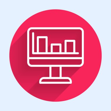 Grafik çizelgesi simgesine sahip beyaz çizgi bilgisayar monitörü uzun gölge arkaplanı ile izole edildi. Metin dosyasını rapor et. Muhasebe tabelası. Denetim, analiz, planlama. Kırmızı daire düğmesi. Vektör