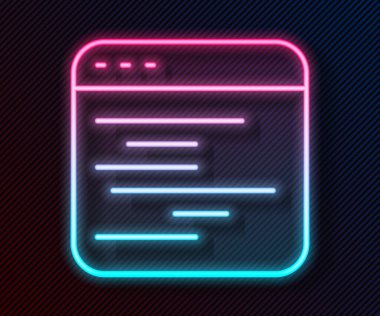 Parlayan neon hattı Yazılım, web geliştirici programlama kodu simgesi siyah arkaplanda izole edildi. Program kodunun rastgele bilgisayar betiği parçalarını Javascript et. Vektör
