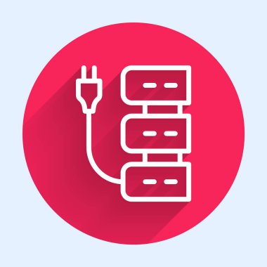 Beyaz çizgi sunucu simgesi uzun gölge arkaplanı ile izole edildi. Uygulama, servis konsepti, ayar seçenekleri, bakım, onarım, onarım. Kırmızı daire düğmesi. Vektör