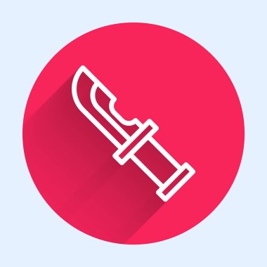 Beyaz çizgi Hunter bıçak ikonu uzun gölgeli izole edilmiş. Ordu bıçağı. Kırmızı daire düğmesi. Vektör.