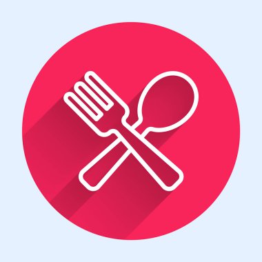 Beyaz çizgi çatal ve kaşık simgesini uzun gölgelerle izole etmiş. Mutfak aletleri. Çatal bıçak seti. Kırmızı daire düğmesi. Vektör.