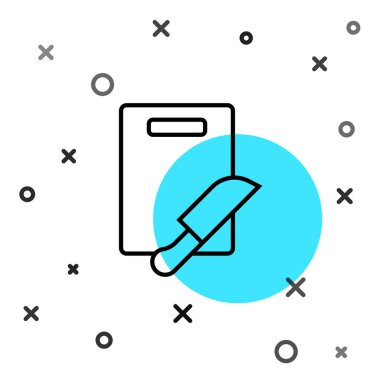 Siyah çizgi kesme tahtası ve bıçak ikonu beyaz arka planda izole edildi. Kesme tahtası sembolü. Çatal bıçak sembolü. Rastgele dinamik şekiller. Vektör.