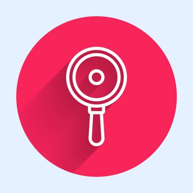 Beyaz çizgi tava simgesi uzun gölgeli izole edilmiş. Kızartma veya kızartma gıda sembolü. Kırmızı daire düğmesi. Vektör.