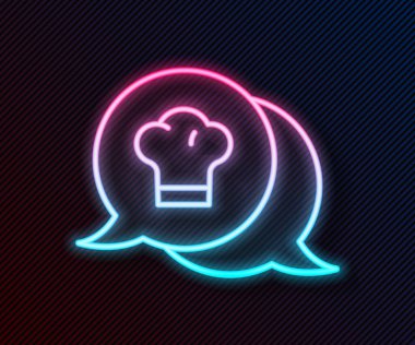 Parlak neon hattı Şef şapkası siyah arkaplanda izole edilmiş konuşma balonu ikonu. Aşçılık sembolü. Aşçı şapkası. Vektör.