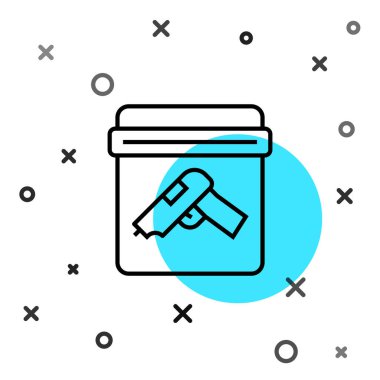 Beyaz arka planda siyah çizgili tabanca ya da silah ikonu olan kanıt torbası. Rastgele dinamik şekiller. Vektör.