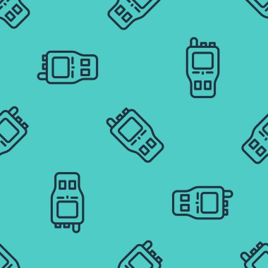 Siyah çizgi telsiz ikonu yeşil arka planda kusursuz desen izole etti. Taşınabilir radyo vericisi simgesi. Radyo alıcı-vericisi işareti. Vektör.